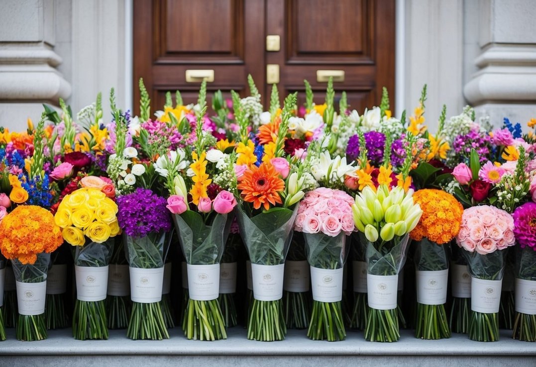 En smuk samling af farverige blomster arrangeret i elegante buketter klar til at blive leveret til døren til en storslået fejring eller bryllup En smuk samling af farverige blomster arrangeret i elegante buketter klar til at blive leveret til døren til en storslået fejring eller bryllup