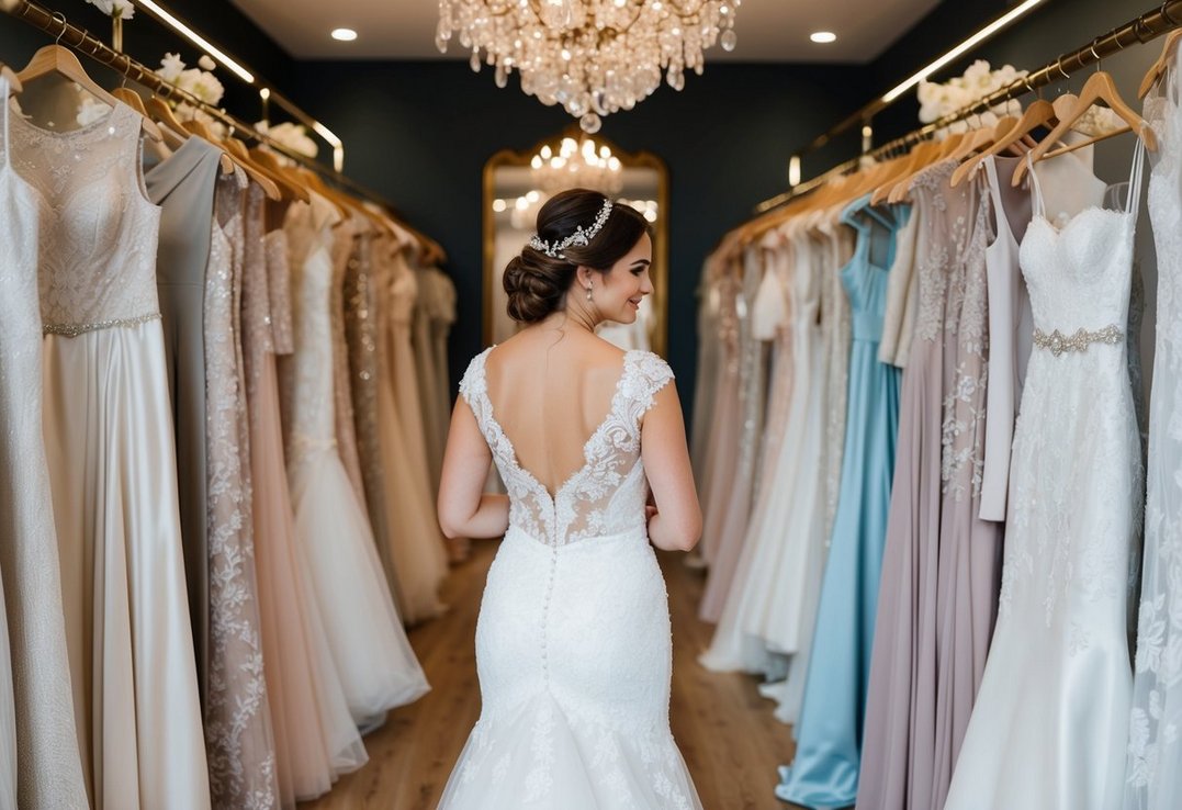 A bride to be browsing through a collection of elegant and exclusive wedding dresses in a luxurious bridal boutique